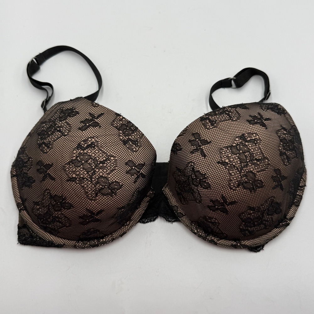 Victorias Secret BioFit‎ Demi Uplift Bra Black Floral Lace Tan 34DD Underwire